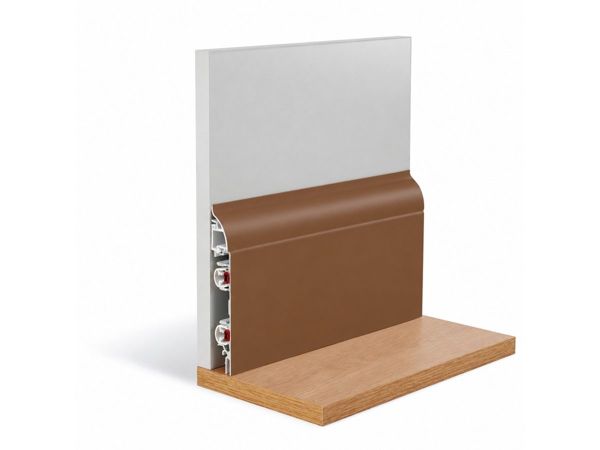 Cut-away of a ThermaSkirt-e profile with torus capping in a brown RAL powder coat finish