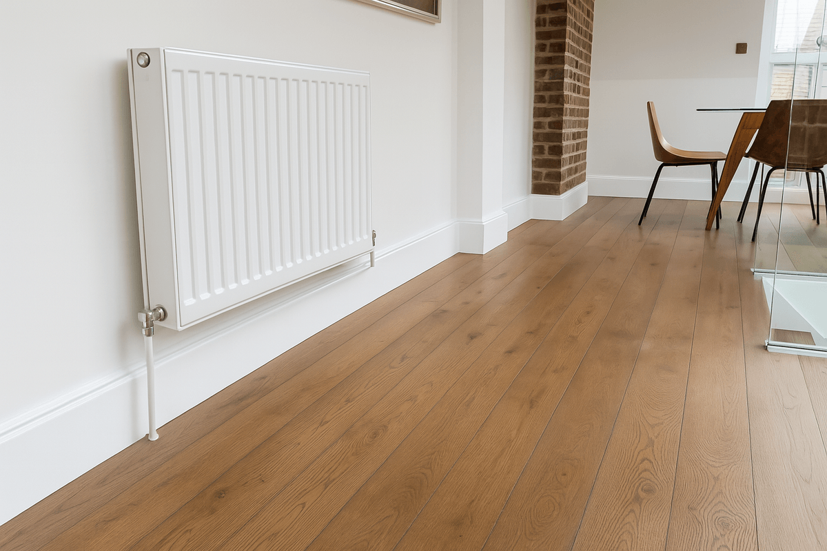 Lounge in a London townhouse before ThermaSkirt installation, with a panel radiator visible under the window