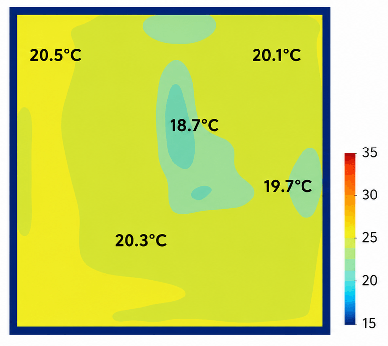 Thermal-imaging map of a ThermaSkirt-heated room showing an even temperature of around 20°C across the whole space