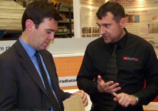 Andy Burnham MP visiting Discrete Heat in Atherton, with managing director Martin Wadsworth