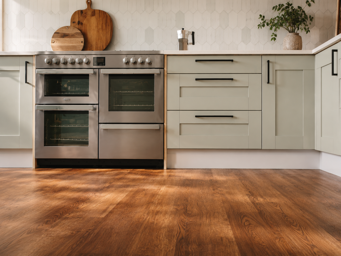 Heated plinth matched to dark green kitchen units, set into the kickspace