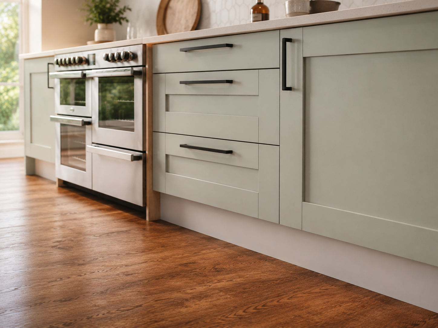 Green kitchen plinth heating fitted flush beneath the cabinetry