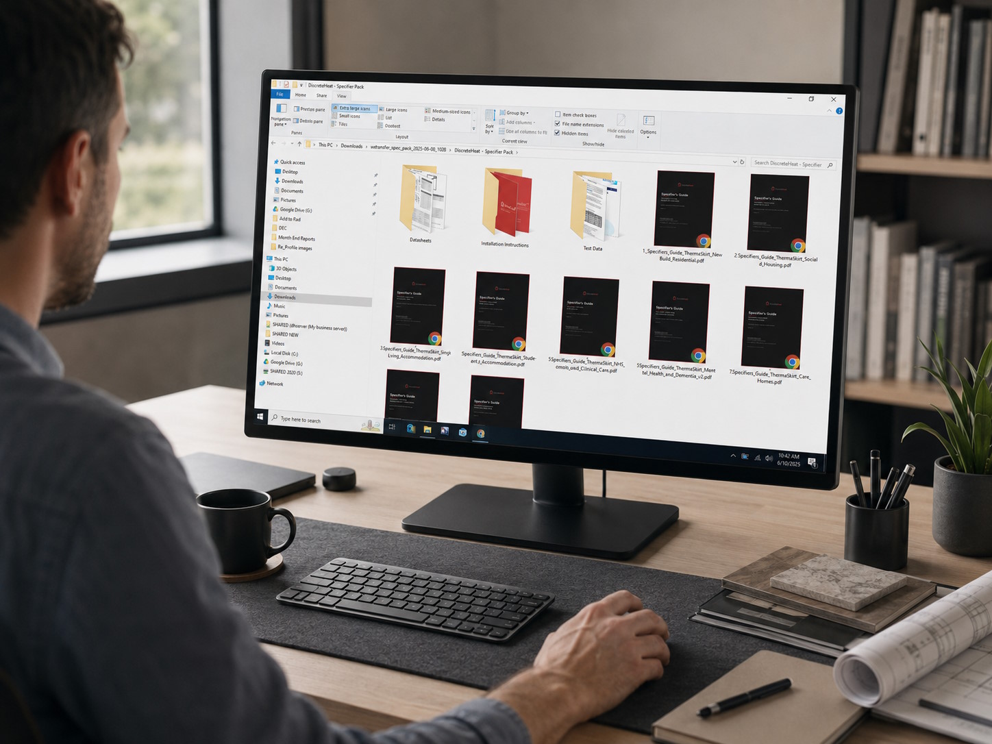 A specifier reviewing ThermaSkirt project documentation alongside architectural drawings