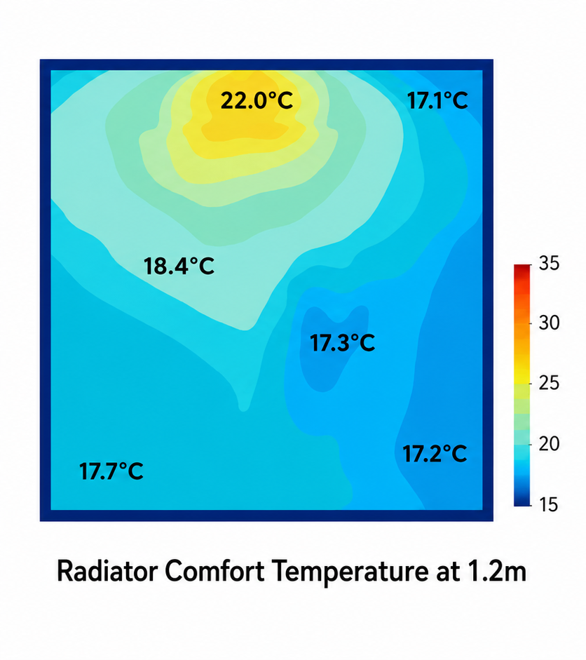 BSRIA CFD comfort temperature for a radiator: a patchy field with cold corners down to ~17°C