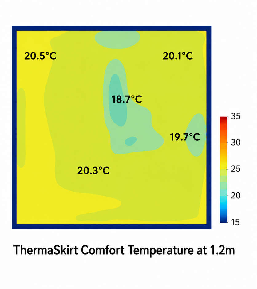 BSRIA CFD comfort temperature for ThermaSkirt: an even, warm field around 19–21°C